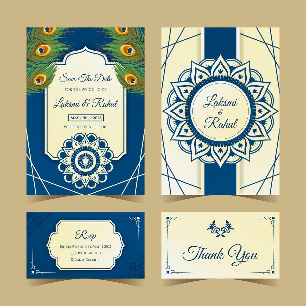 Indian Wedding Invitation Template with Peacock Feathers and Mandala vector