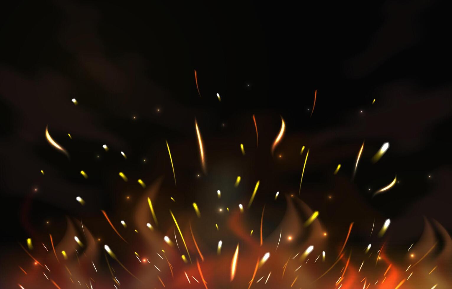 Realistic Flame Flare Fire Sparks on Dark Background. Flying up Sparks, Burning Fire Particles with Smoke Texture vector