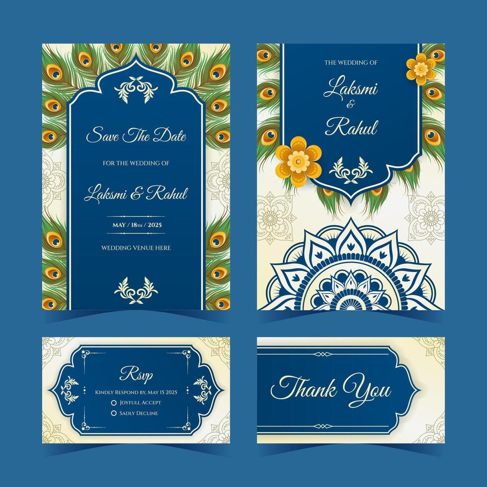 Indian Wedding Invitation Template with Peacock Feathers and Mandala vector