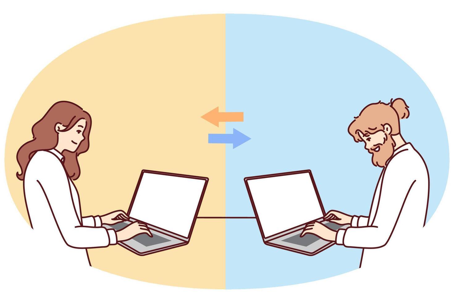 Teamwork of man and woman working remotely via laptops on one project via internet vector
