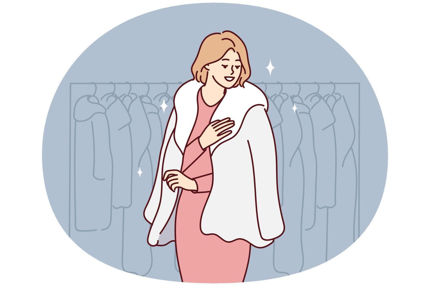 Successful woman trying on natural fur coat stands in winter outerwear store. Vector image