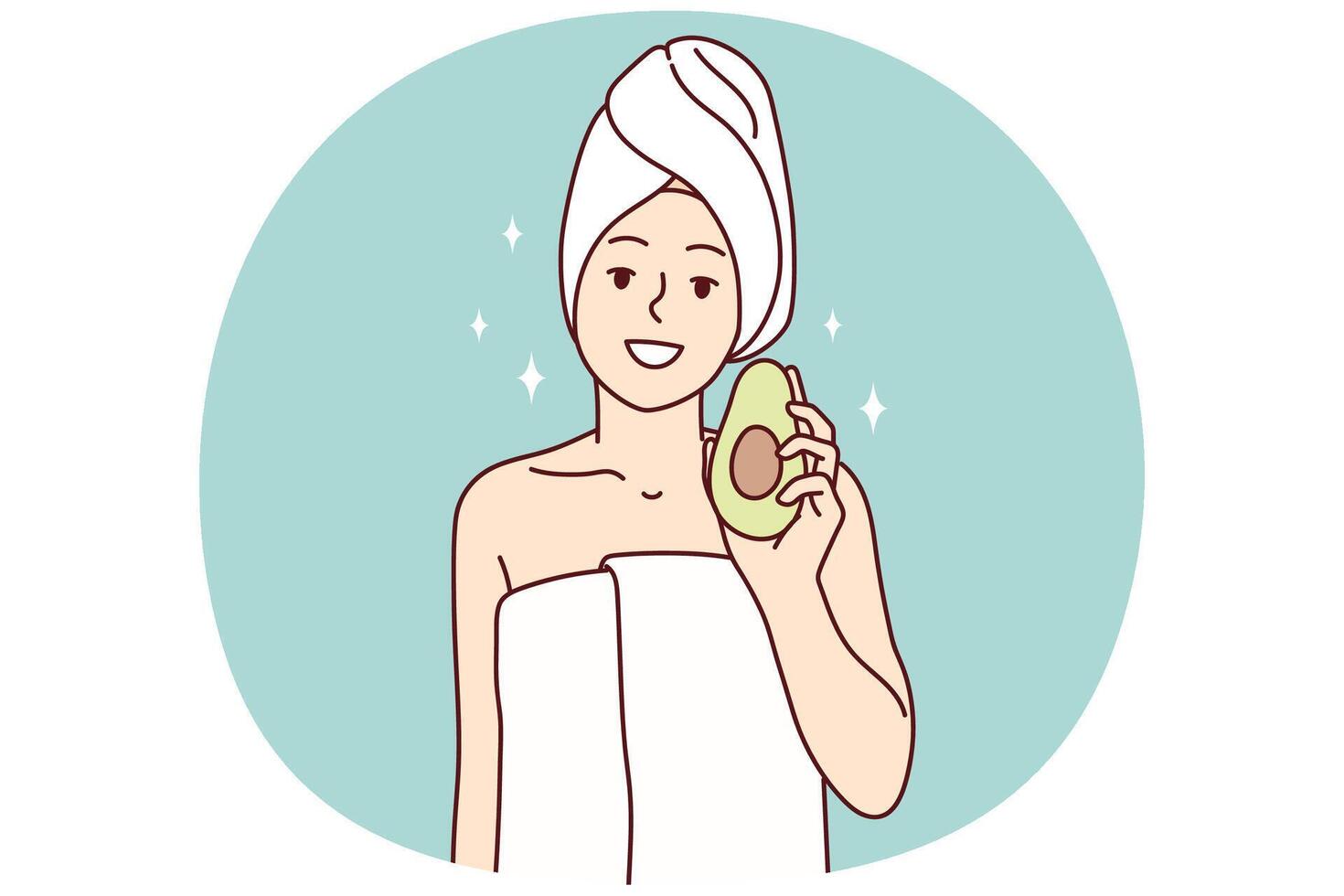 Woman in white towel after getting out SPA recommends using avocado for cosmetic masks. Vector image