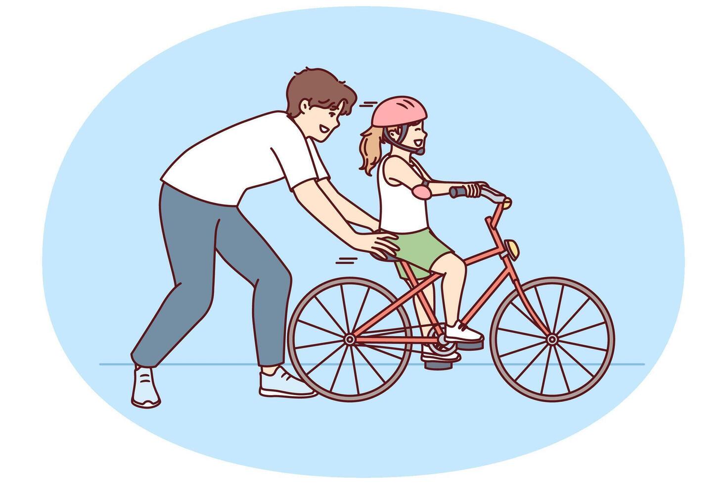 amoroso padre ayuda preadolescente hija en casco aprender a paseo bicicleta vector