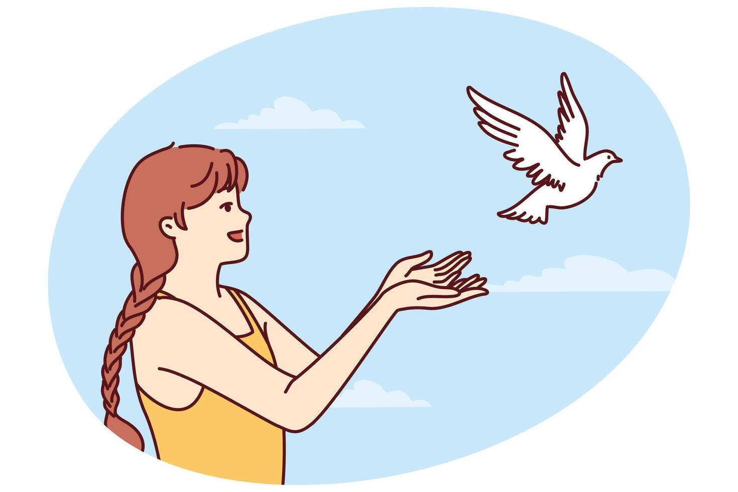 Little girl volunteers teenager sets dove free and lets bird fly towards sky for family reunion vector