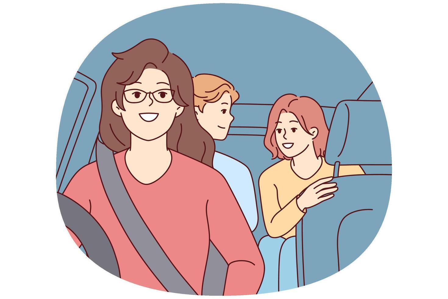 Woman drives car with teenage children in passenger seat, giving them ride to school. Vector image