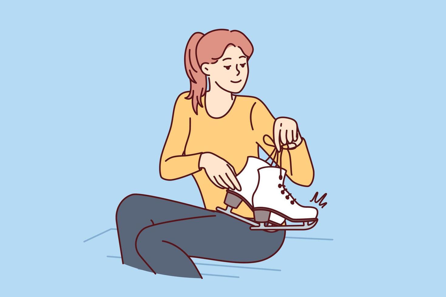 Woman holds pair of skates for trips on ice at figure skating competitions and hockey games vector