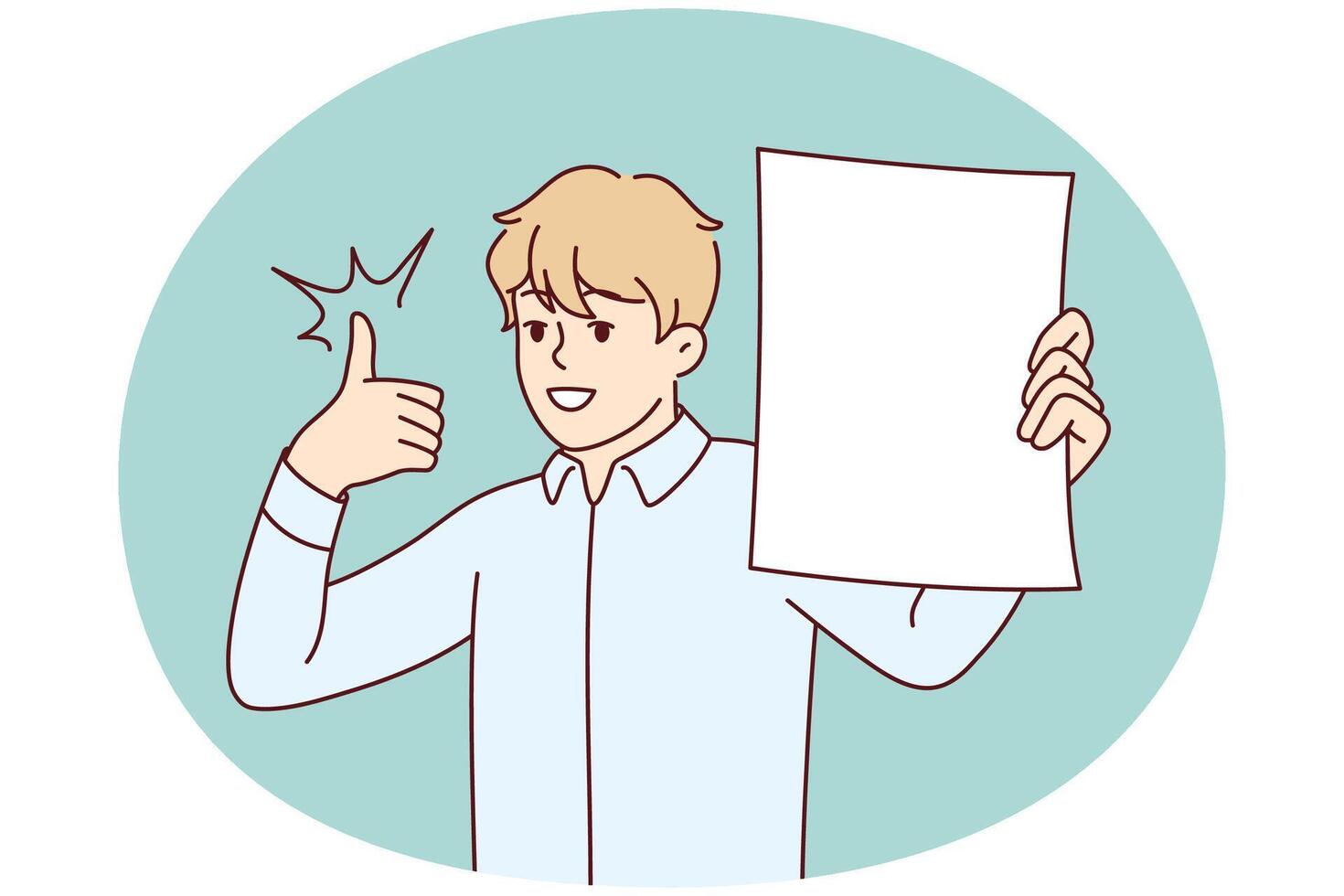 Man shows white sheet of paper and raises thumb up recommending cool investment offer. Vector image