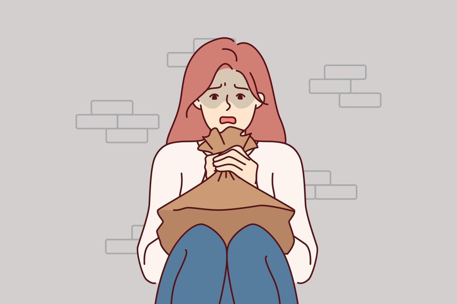 Woman suffering from panic attack holds paper bag for hyperventilation, sitting on floor near wall vector