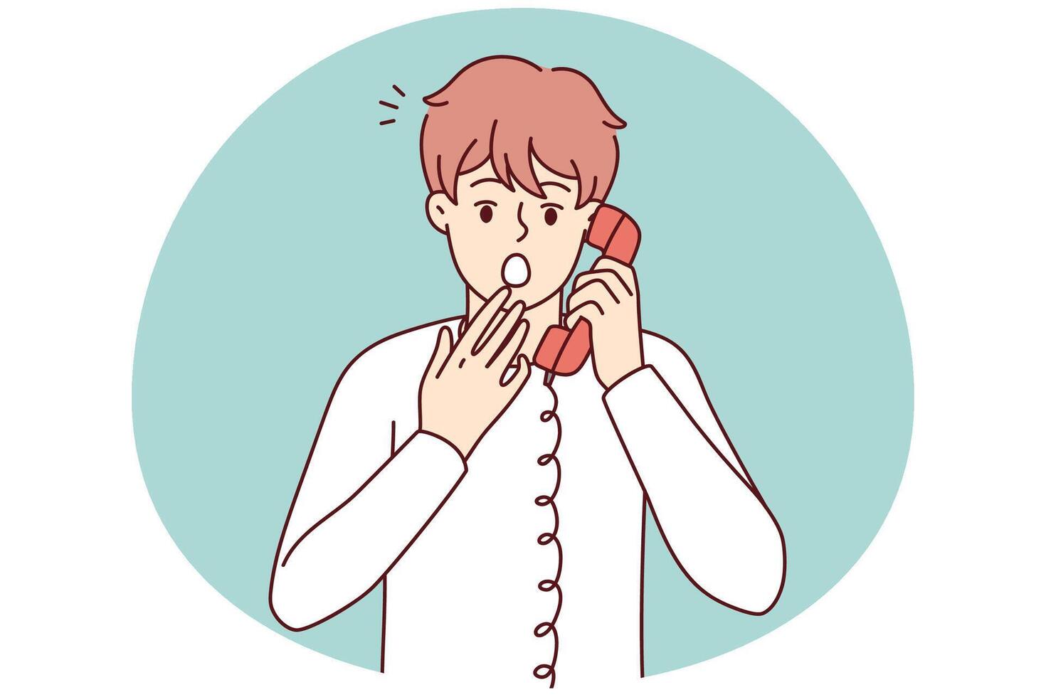 Frightened man holding telephone receiver near ear feel fear after telephone threats. Vector image