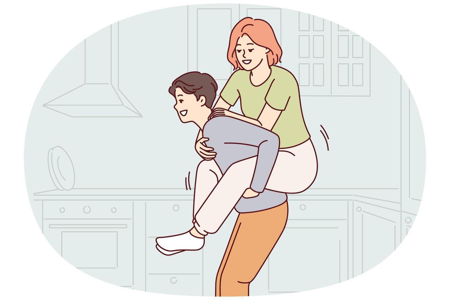Cheerful man giving woman ride on back while having fun together in kitchen own house. Vector image
