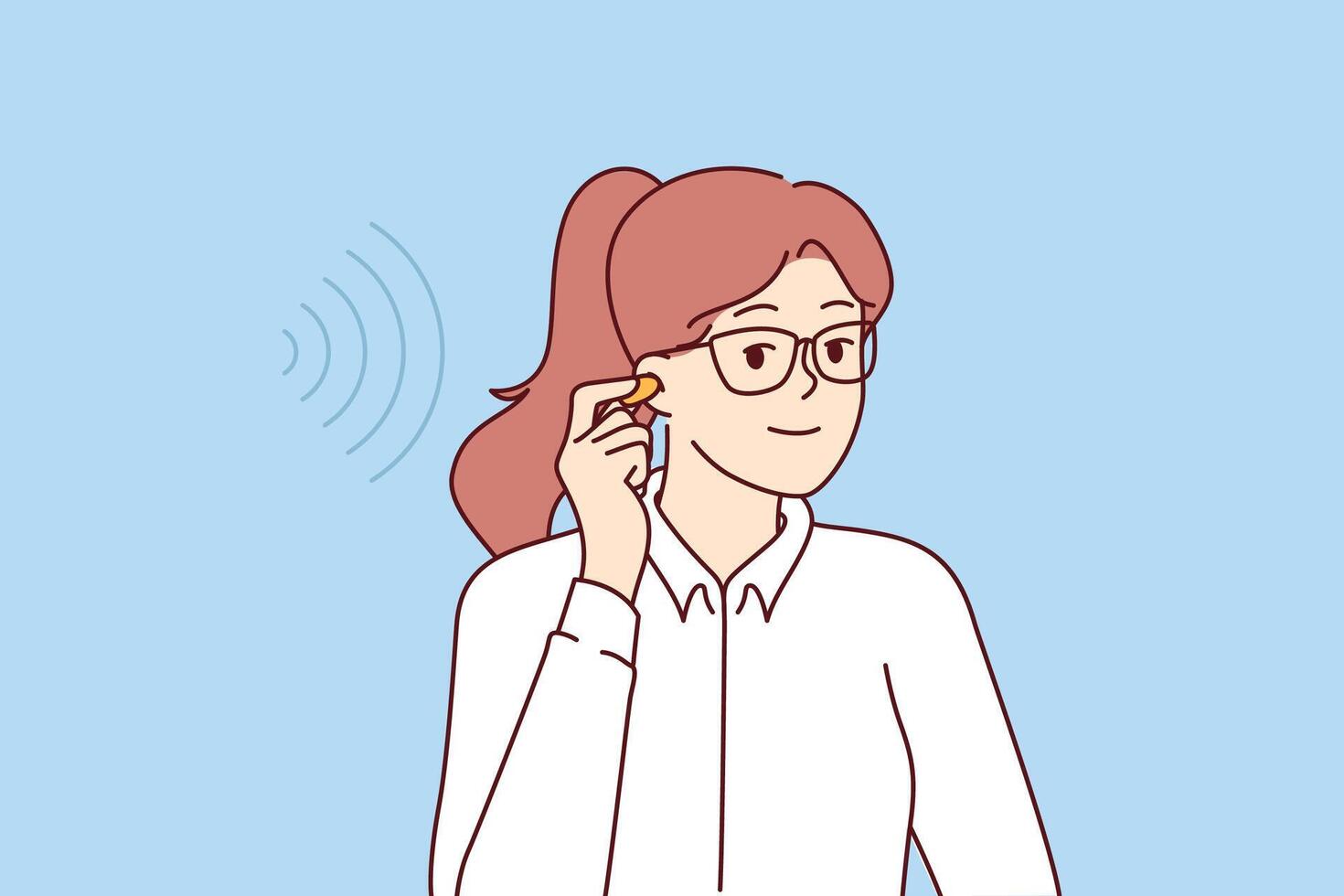Businesswoman uses earplugs to get rid of noise that reduces concentration and productivity vector