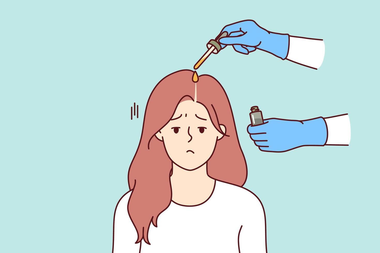 Fighting lice on head girl sadly attending procedure applying medicinal ointment for pediculosis vector