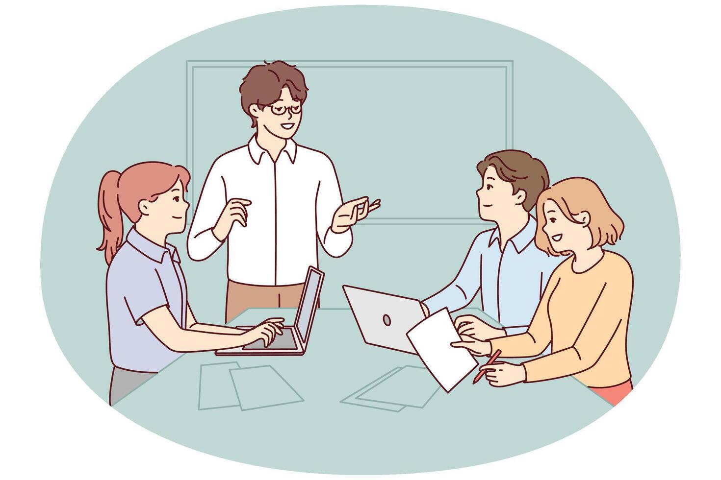 Successful people working in modern startup listening to colleagues presentation. Vector image