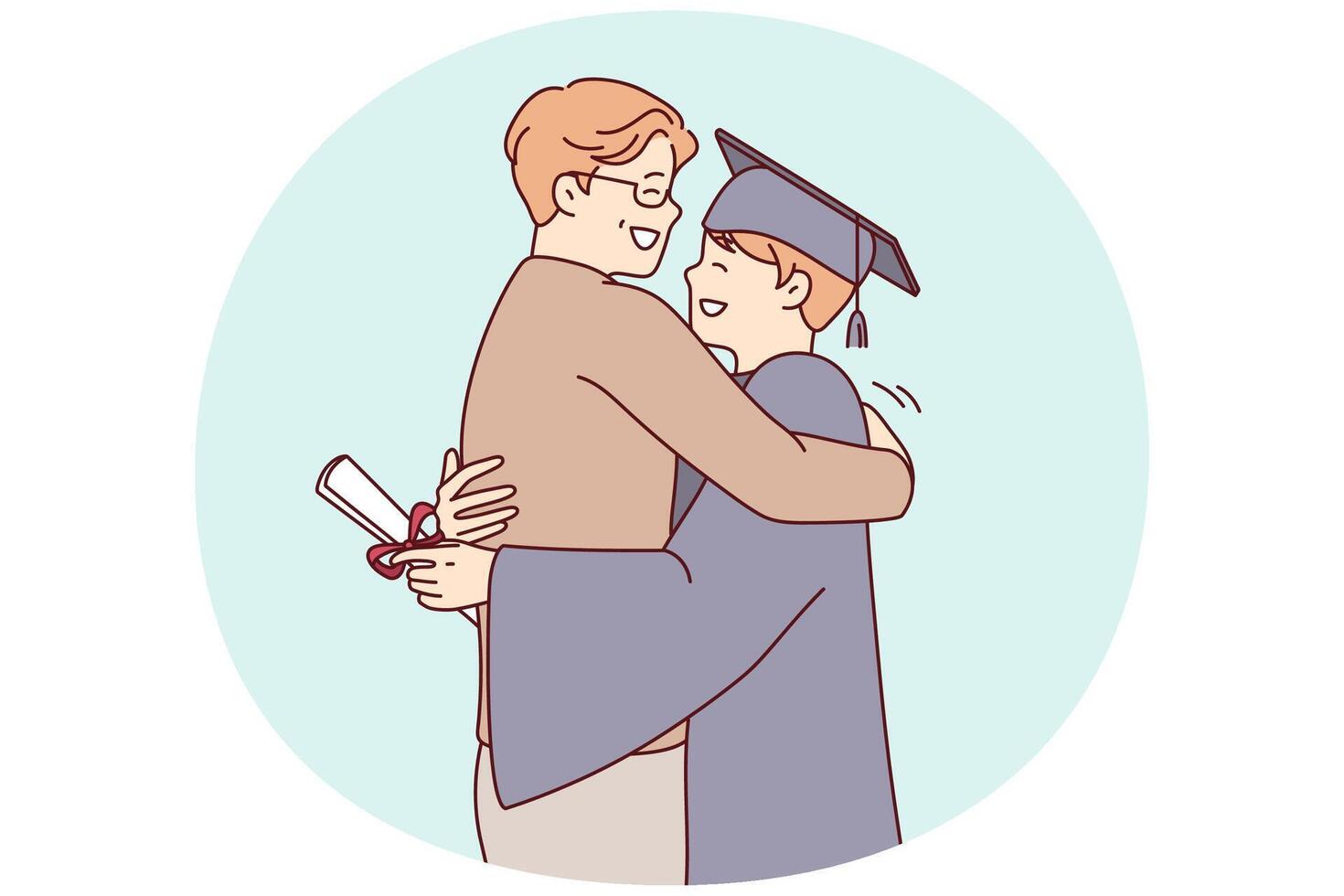 Young guy university graduate in academic robe hugs father after receiving diploma. Vector image