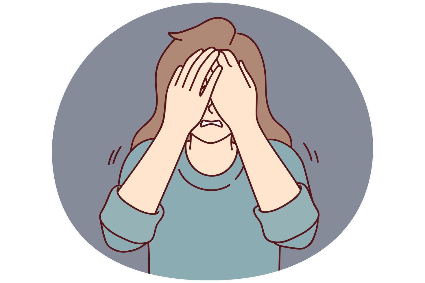 Depressed woman covers eyes with hands when she cries or sees something scary. Vector image