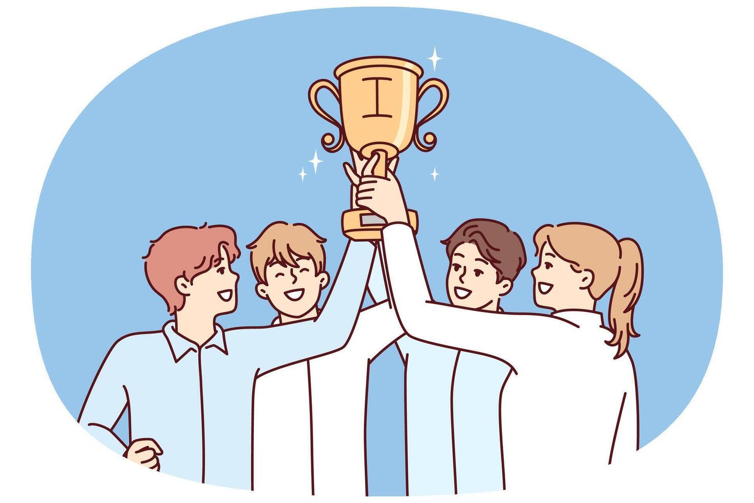 Tight-knit team of startup raises cup over heads after winning in business competition vector