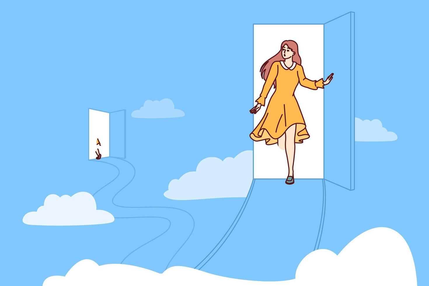 Woman teleports by entering magical door and exiting in arcuate place, located in sky with clouds vector