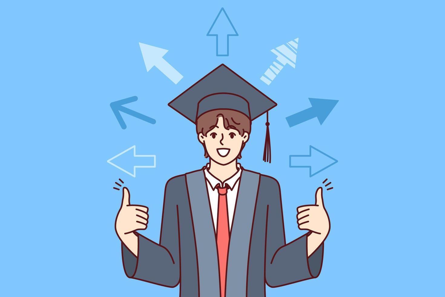 Man, university graduate received good education, shows fingers up, standing among arrows vector