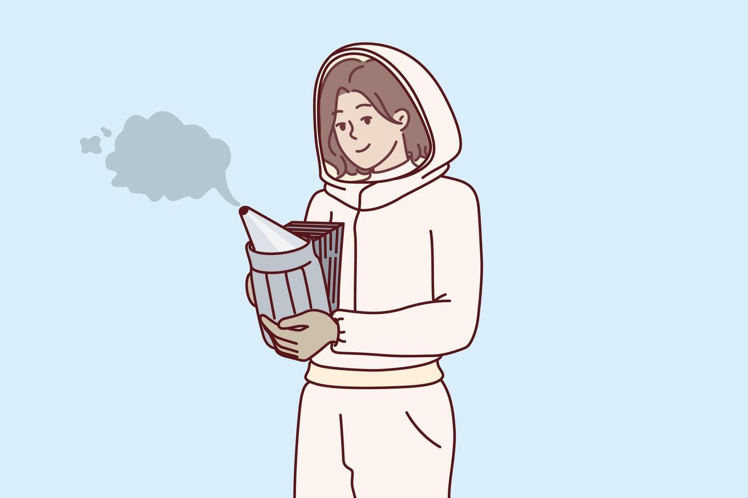 Woman beekeeper in protective suit uses smoke dispenser to scare away bees and collect honey vector