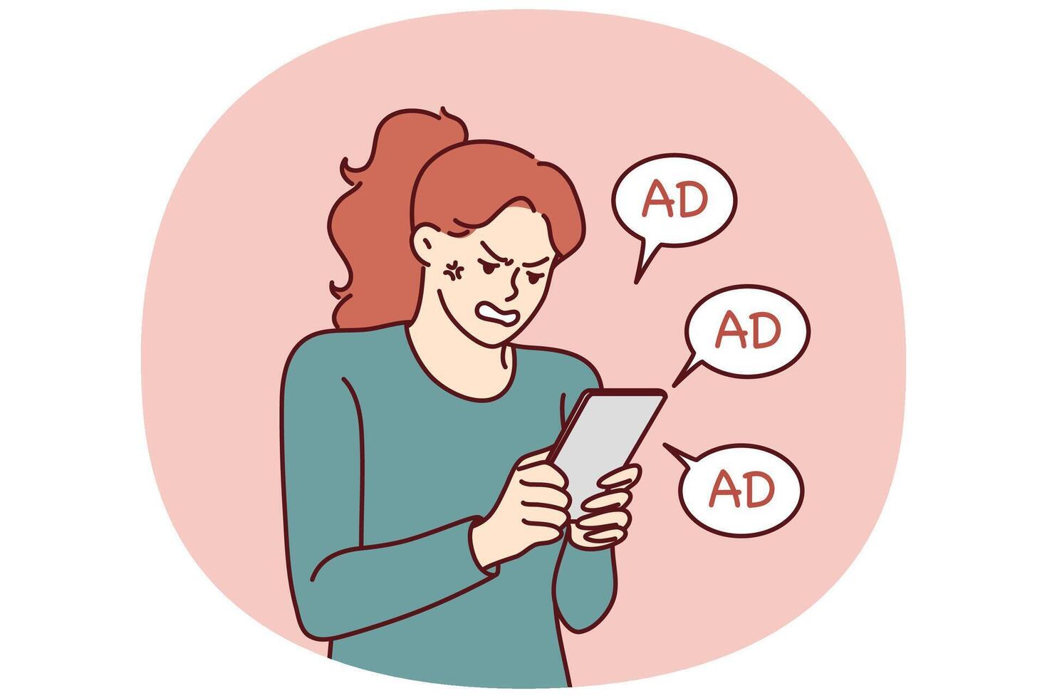 Woman is angry receiving another promotional message from store using spam to attract new customers vector