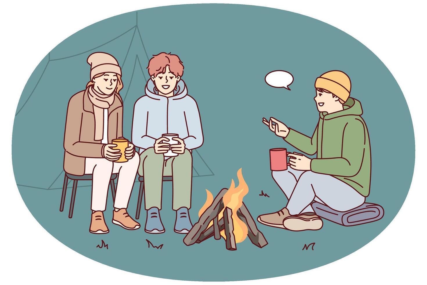 Young people communicate while sitting around campfire during camping trip in nature. Vector image