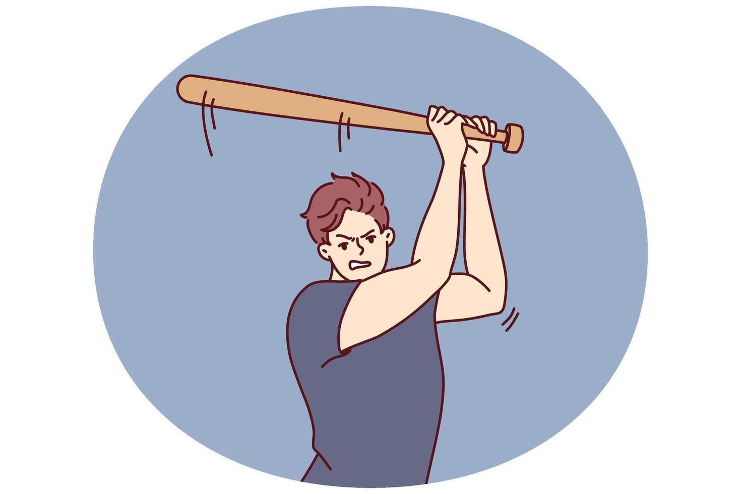 Aggressive guy attacks people using baseball bat as weapon, wanting to beat and injure opponent vector