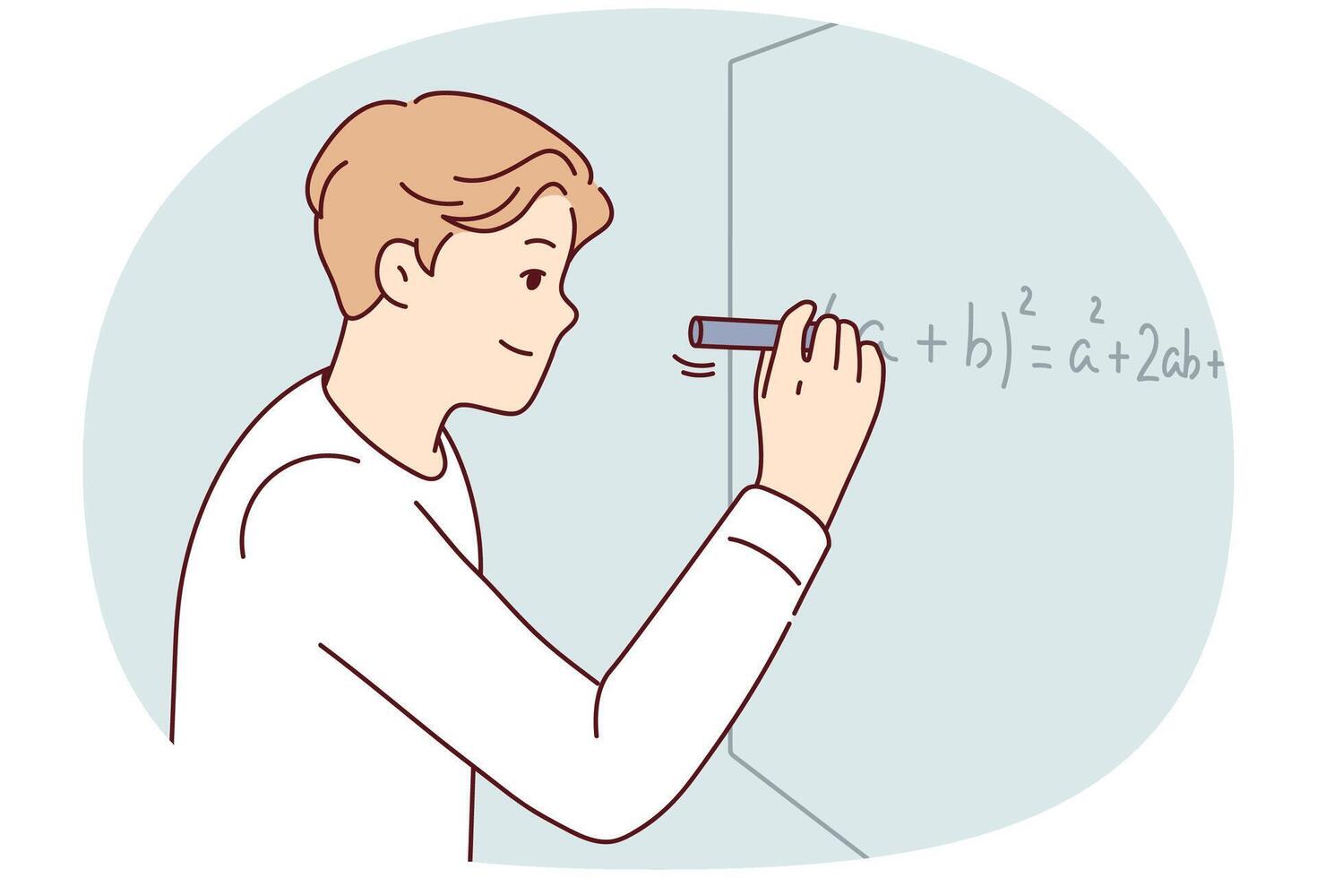 Man solves complex mathematical problems by completing tasks of university teacher. Vector image