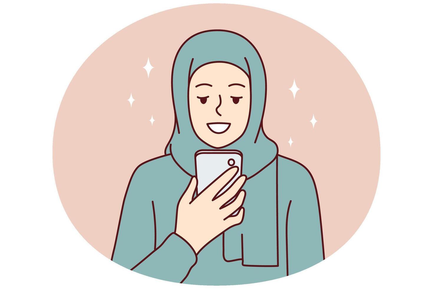 Muslim woman smiling using mobile phone for text messaging or visiting islamic sites. Vector image