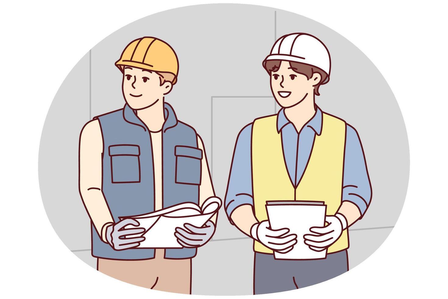 Two male builders in worker uniform look to side discussing construction process. Vector image