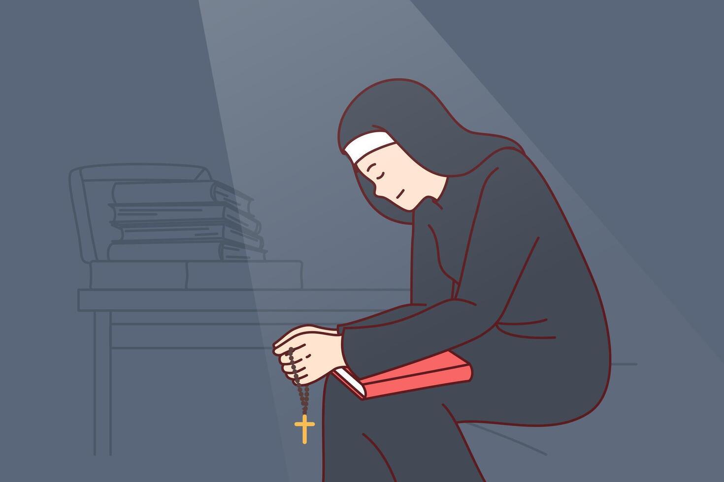 Woman nun sits with head bowed and holds religious crucifix and book of prayers. vector