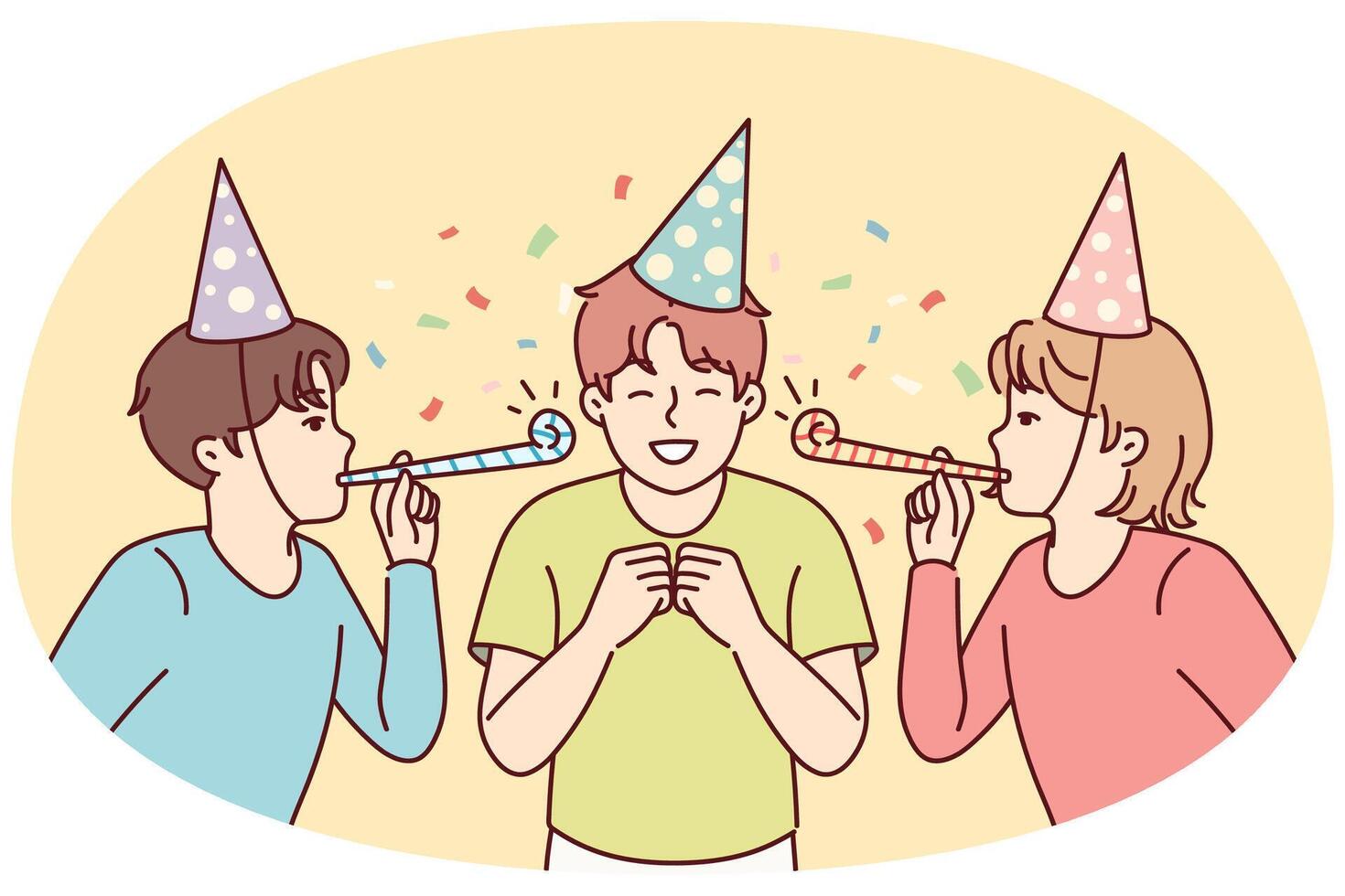 Teenage boy celebrating birthday with friends from school standing among confetti. Vector image