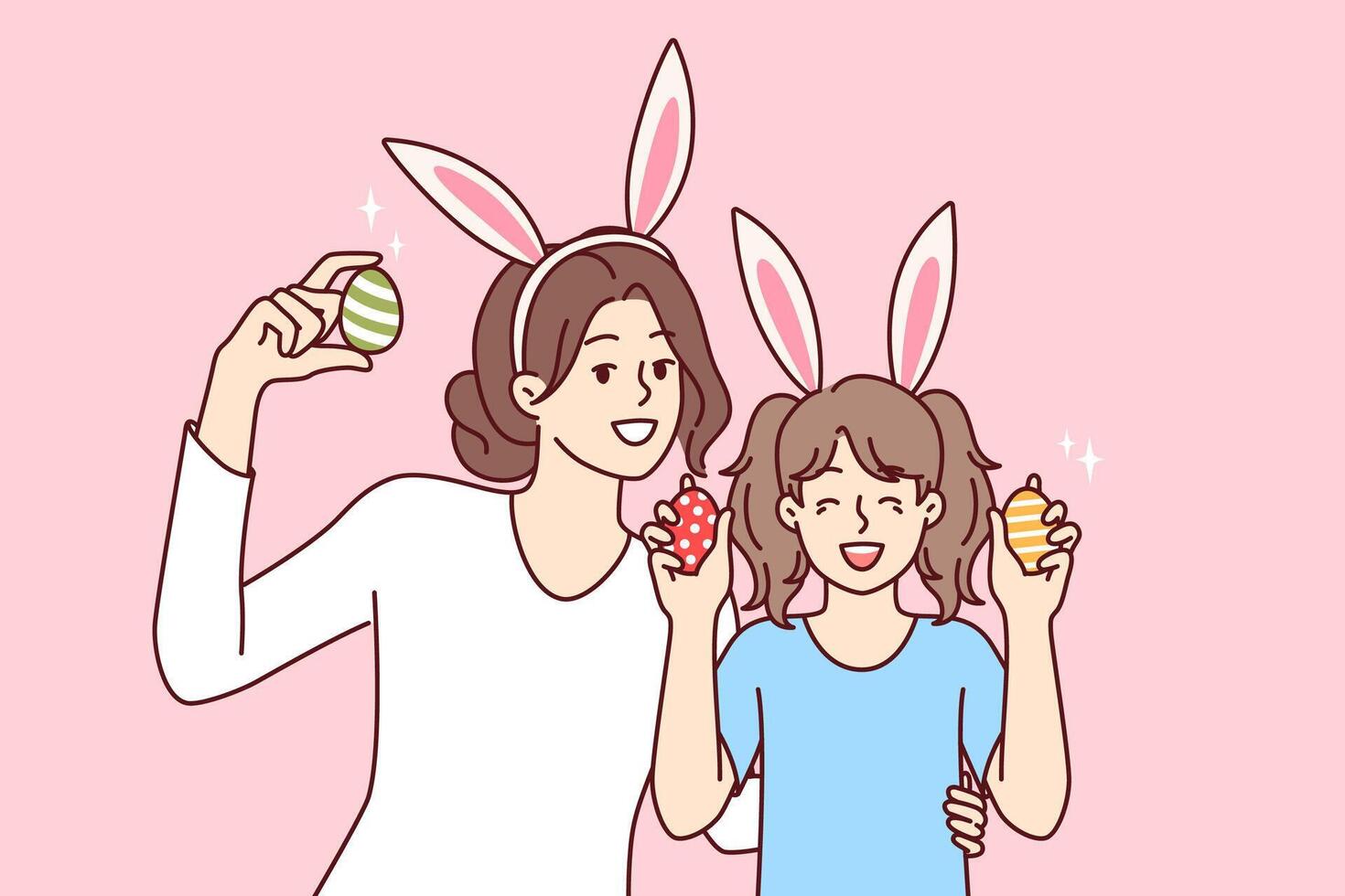 Easter eggs in hands of happy mother and daughter with bunny ears, to celebrate christian holiday vector