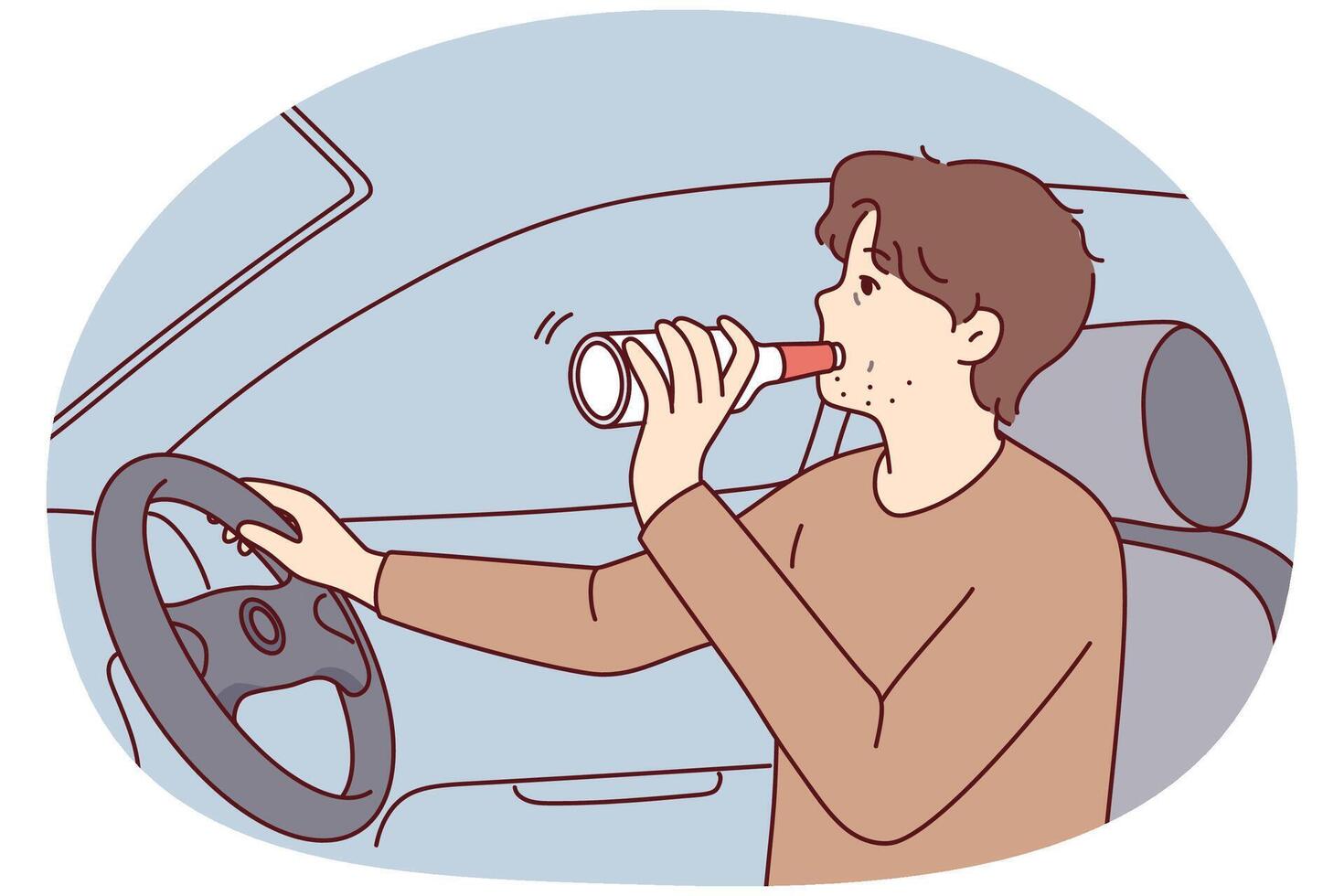 Irresponsible man drinks alcohol from bottle driving car risking lives of pedestrians. Vector image