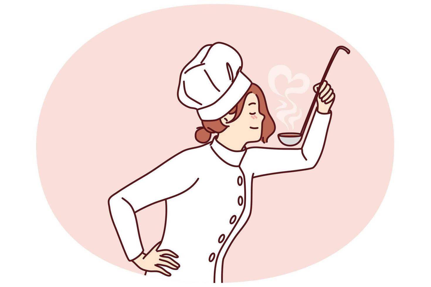 mujer cocinar con cucharón en mano intentos sopa o salsa desde menú preparando plato para restaurante invitados vector