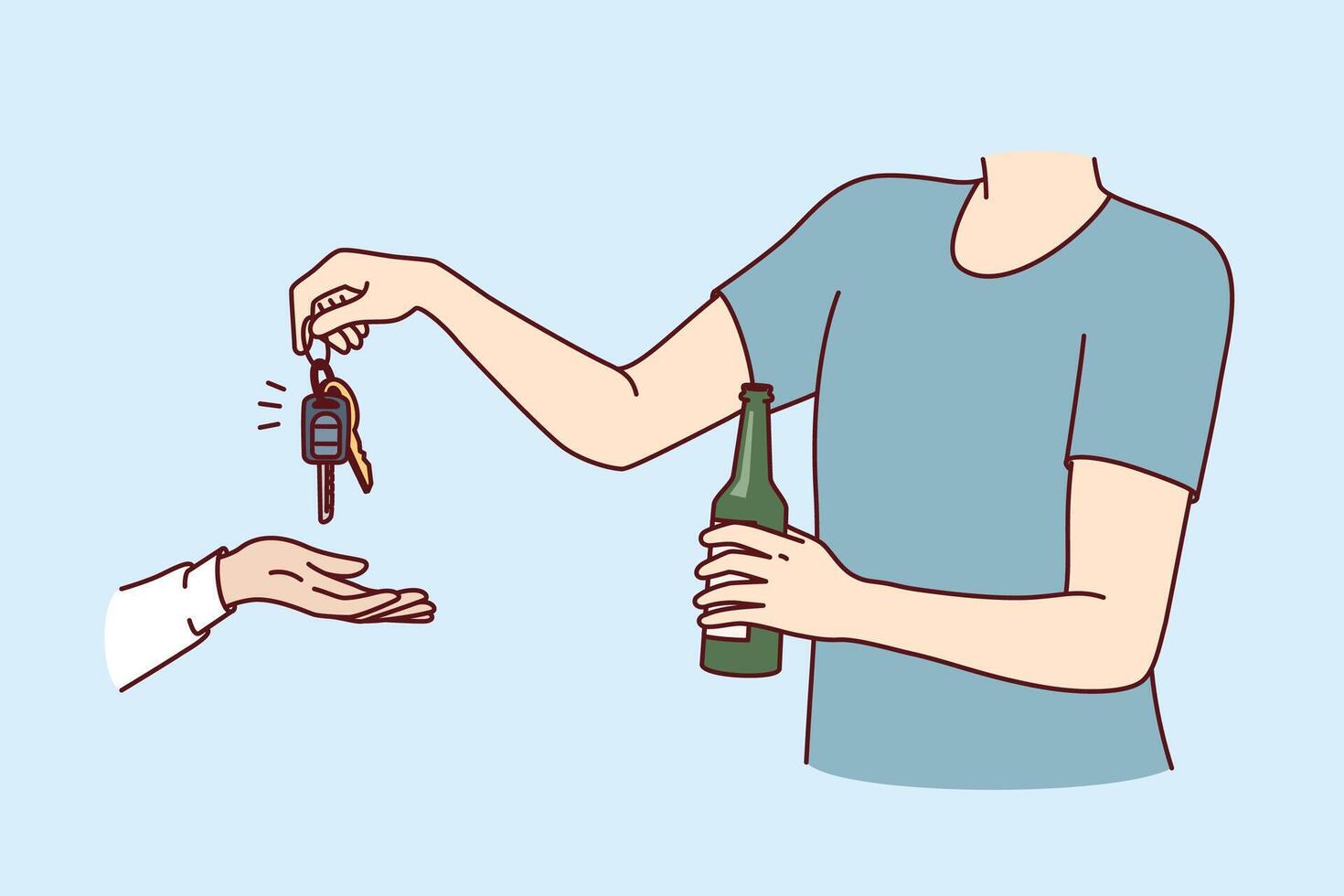 Drunk man refuses to get behind wheel of car, giving keys vehicle to sober driver. vector