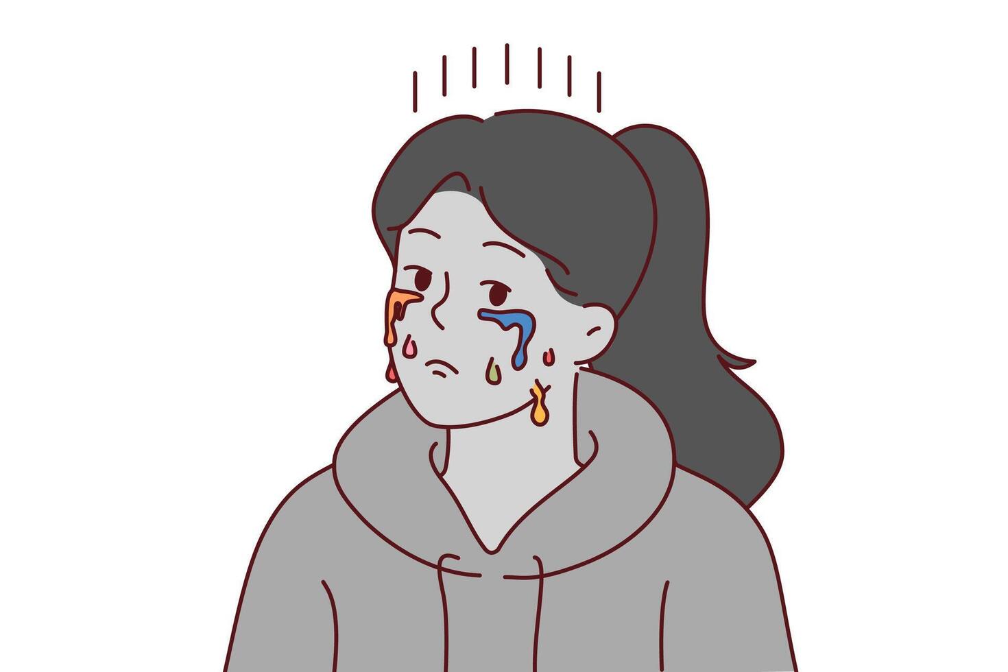 llorando mujer con Deprimido mueca y multicolor lágrimas, sufrimiento debido a carencia creativo éxito. vector