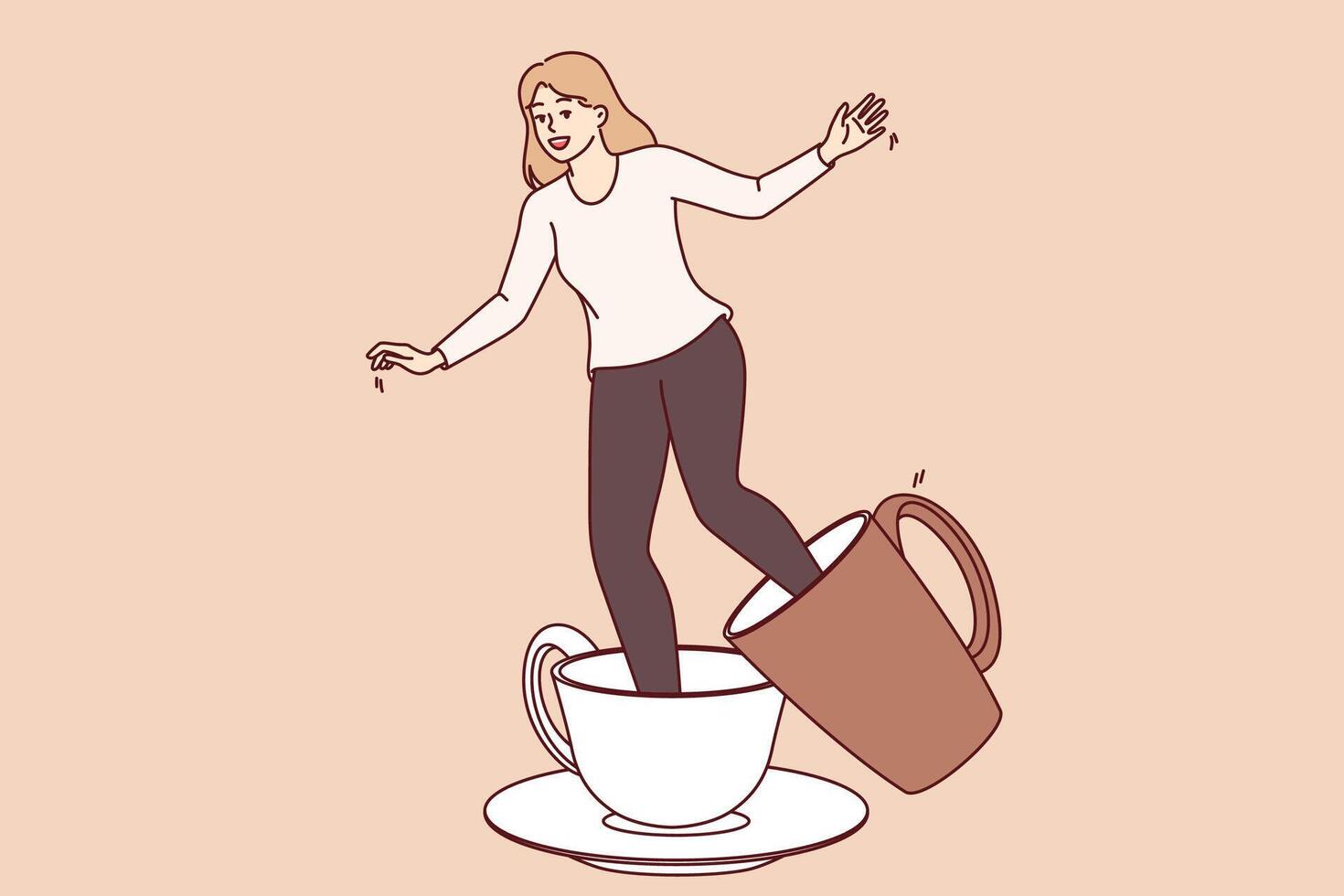 Large coffee cups on legs of girl experiencing discomfort due to caffeine addiction vector