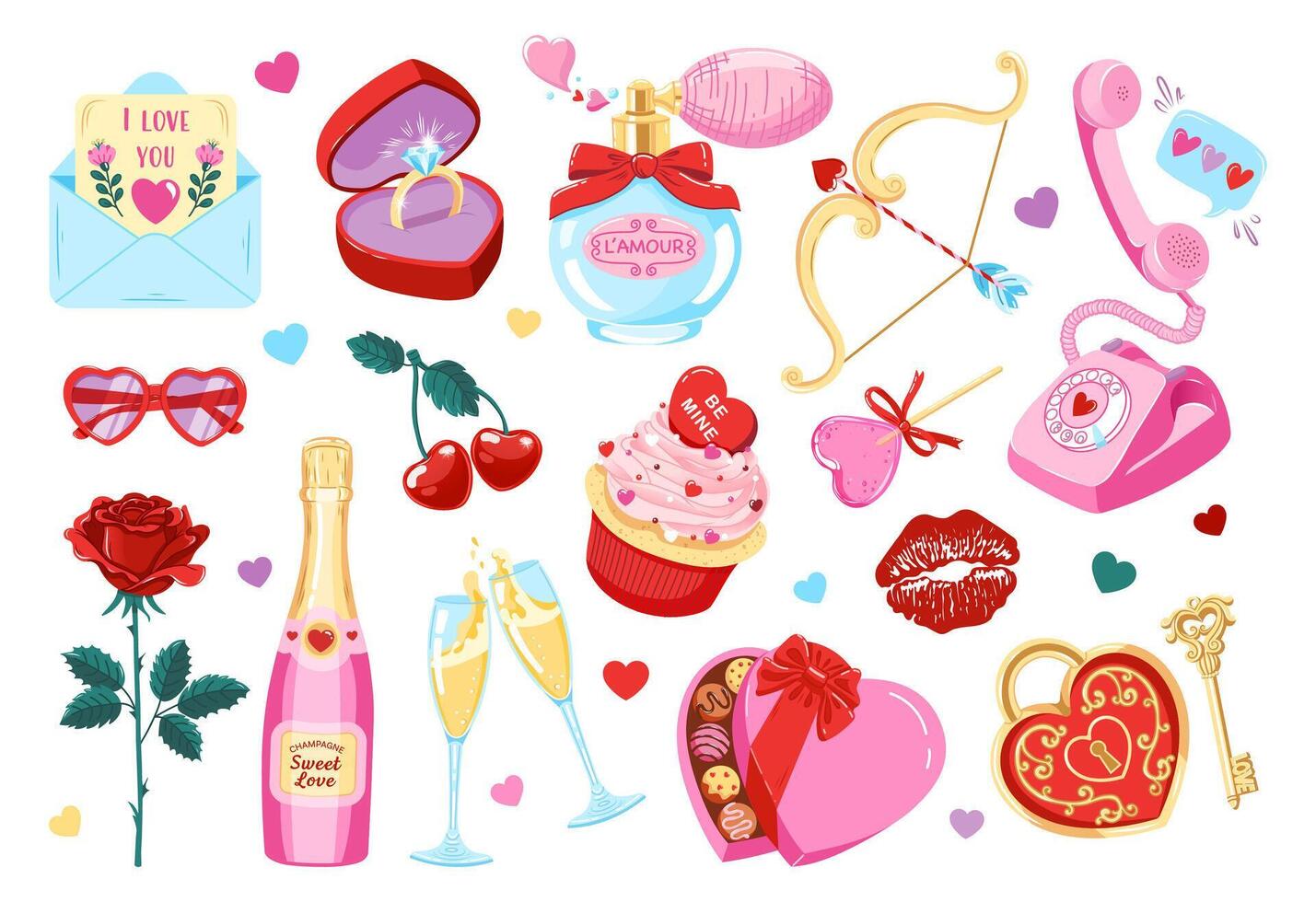 Valentine's day set of cute elements. Doodle sketches of romantic objects. Vector illustrations