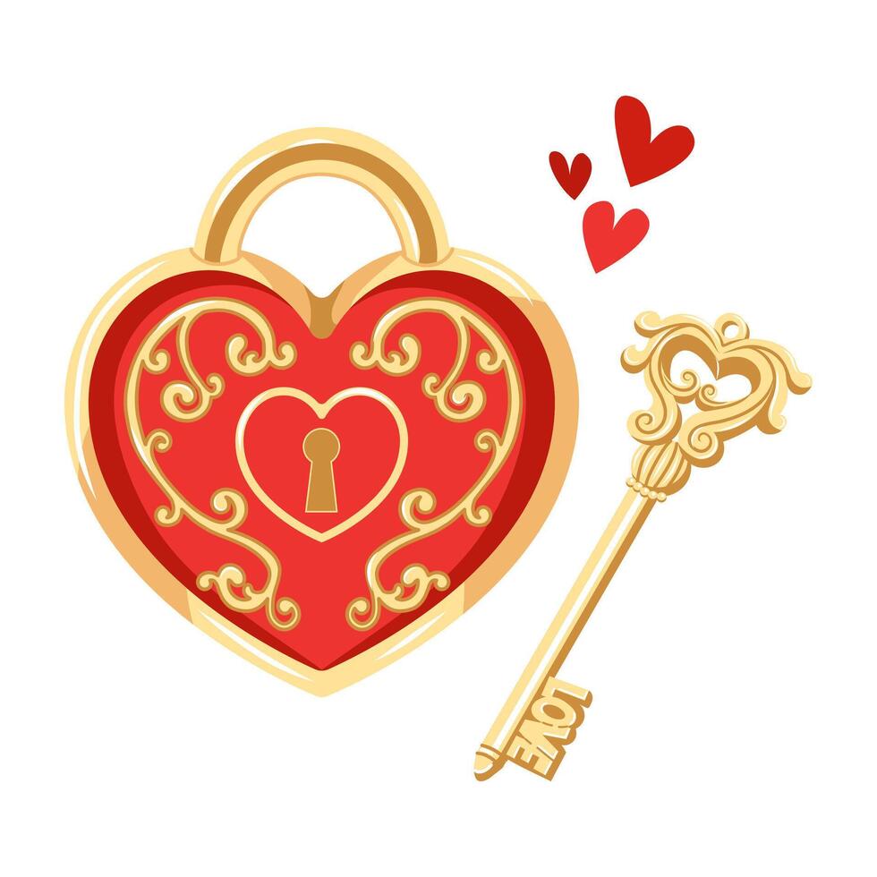 Vector illustration of patterned heart shaped lock and its key. Romantic drawing of items for valentine's day.