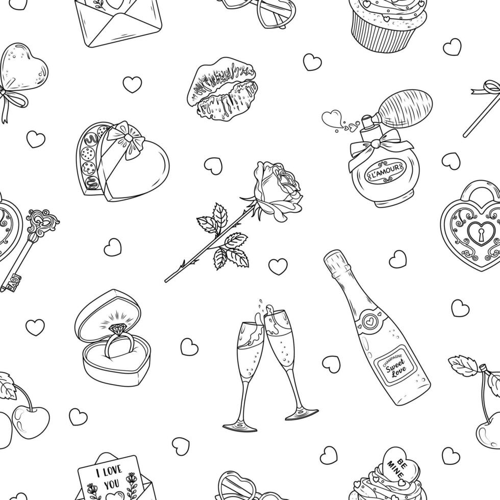 Cute seamless pattern with Valentine's Day doodle items on a white background. Handmade vector illustration