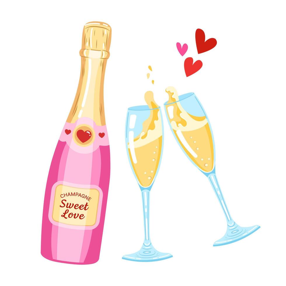 Vector illustration of pink champagne bottle and glasses for valentine's day. Festive sparkling wine and glasses drawing