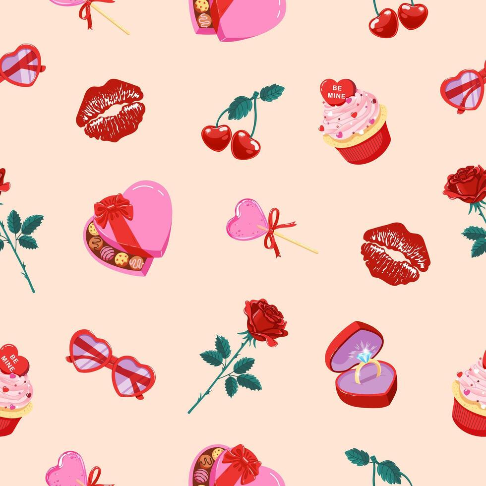 Cute seamless pattern with Valentine's Day items on peach background. Handmade vector illustration