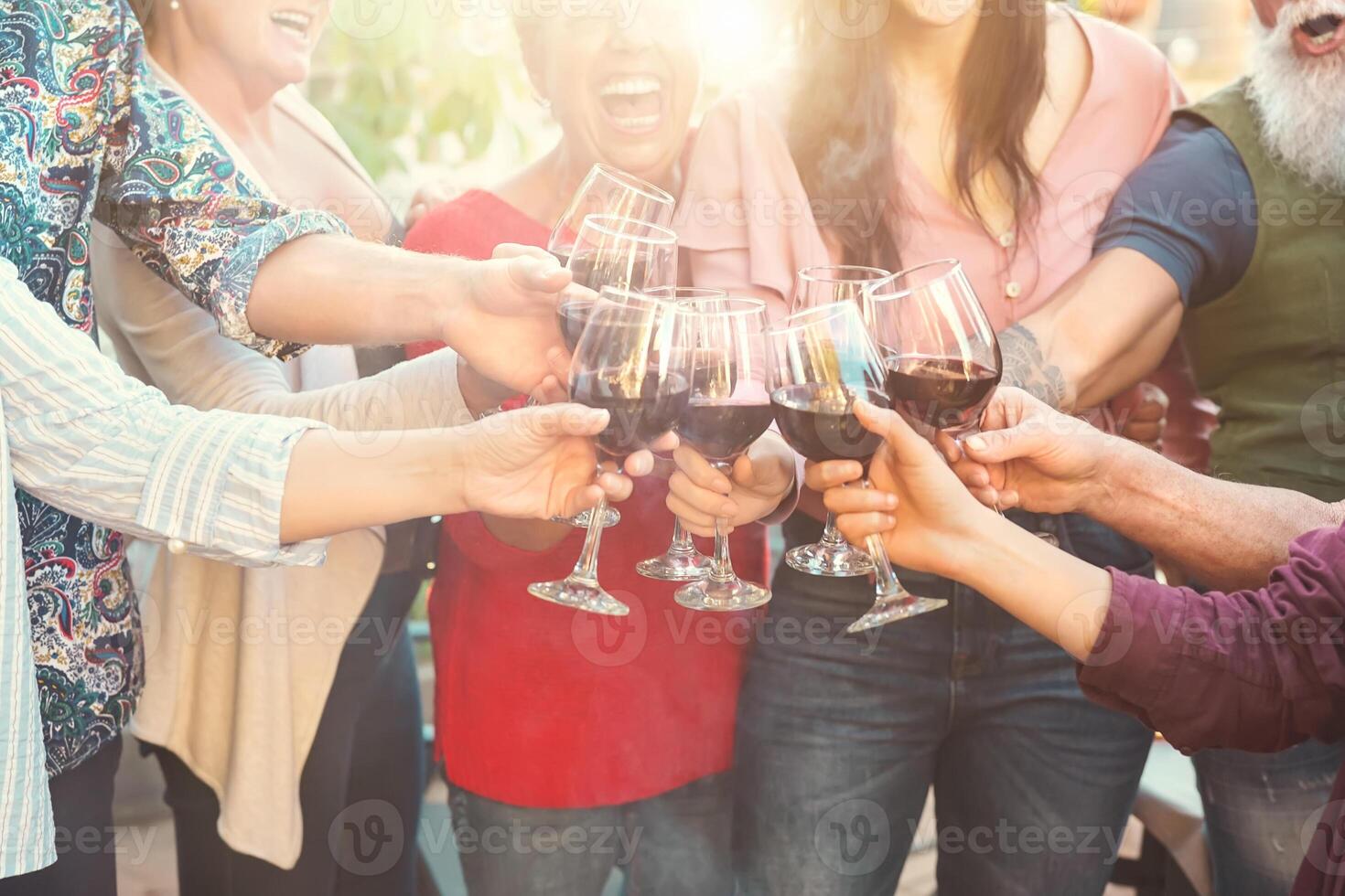 Happy family toasting with red wine glasses at dinner outdoor - People having fun cheering and drinking while dining together - Food and beverage weekend lifestyle activities photo