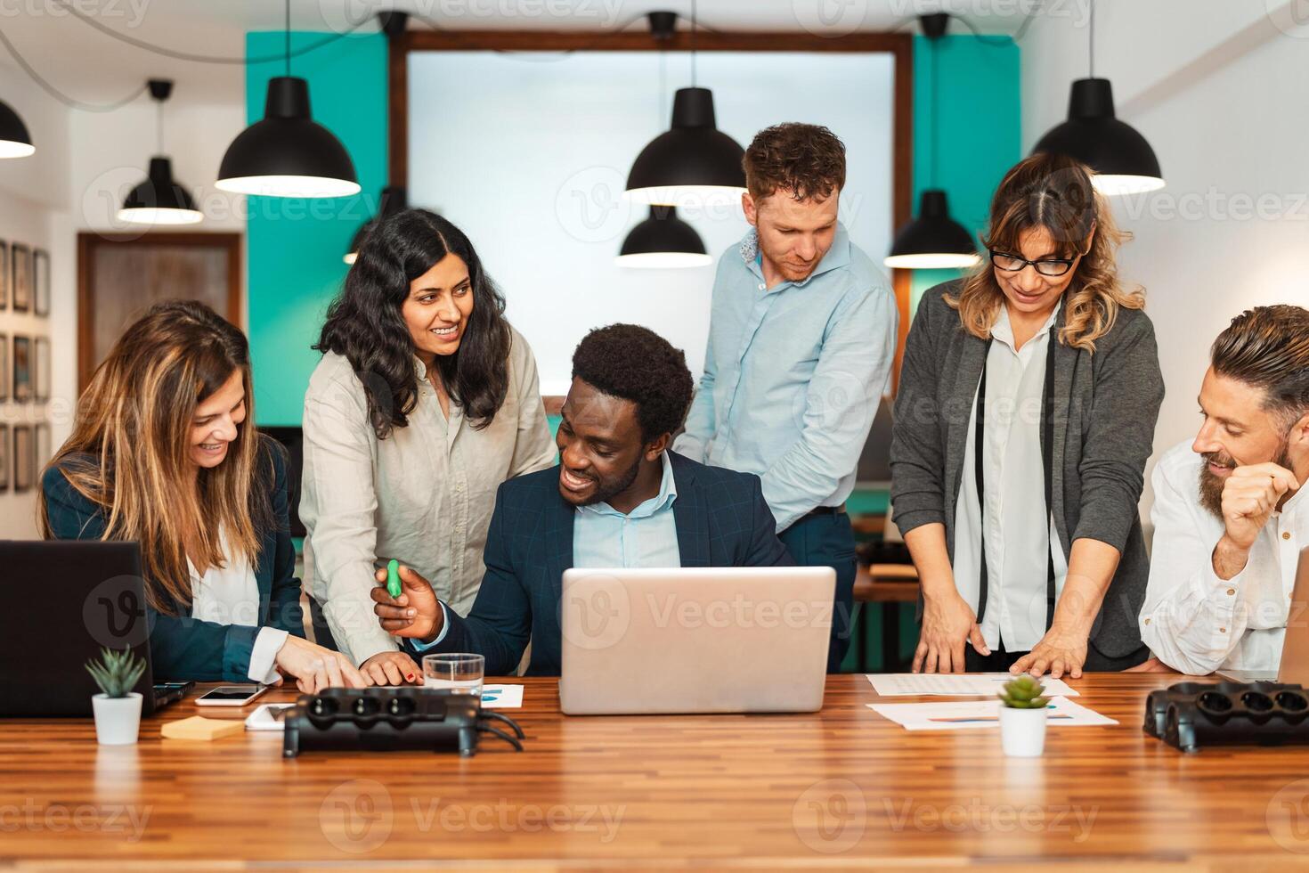 Business team of diverse people working together inside modern office - Entrepreneurship concept photo