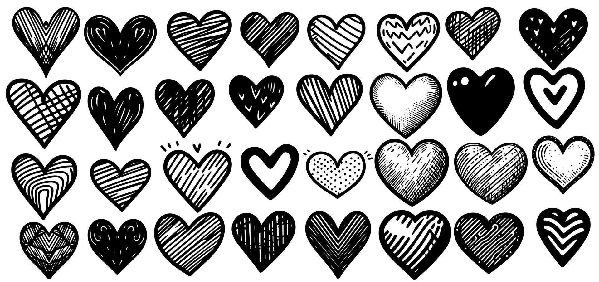 Hand drawn black doodle scribble lines art icon different hearts shape elements collection vector