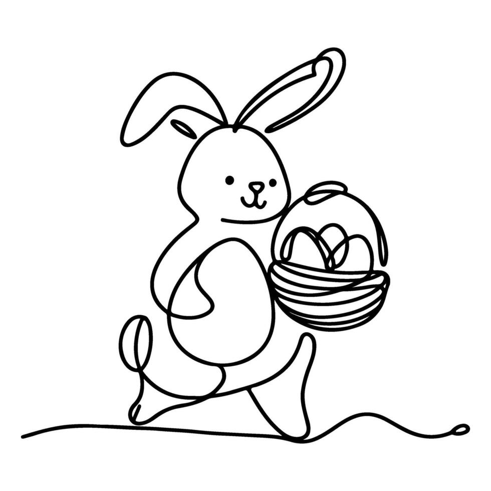 Hand drawn black line art rabbit easter egg doodle coloring linear style vector illustration elements. one continuous line drawing bunny with eggs Editable stroke outline