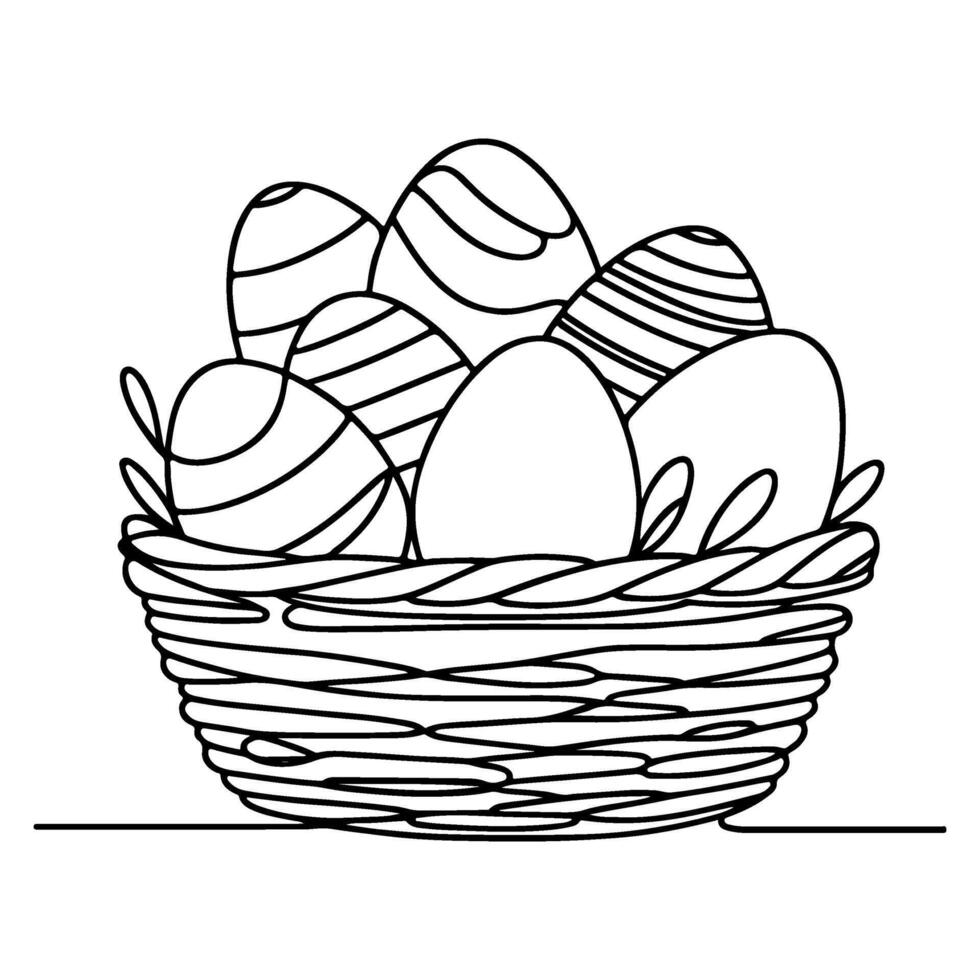 One continuous hand drawing black line basket easter eggs doodle decorated with Many different design for easter egg outline style vector