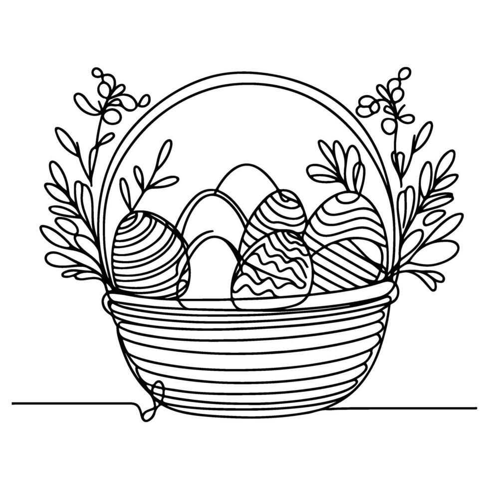 One continuous hand drawing black line basket easter eggs doodle decorated with Many different design for easter egg outline style vector