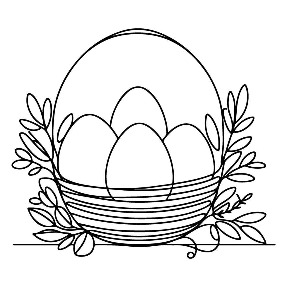 One continuous hand drawing black line basket easter eggs doodle decorated with Many different design for easter egg outline style vector