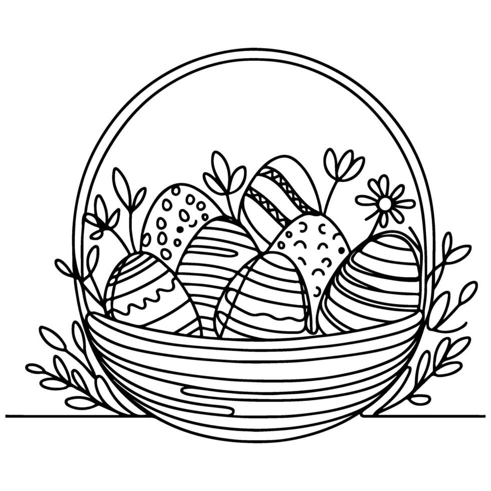 uno continuo mano dibujo negro línea cesta Pascua de Resurrección huevos garabatear decorado con muchos diferente diseño para Pascua de Resurrección huevo contorno estilo vector